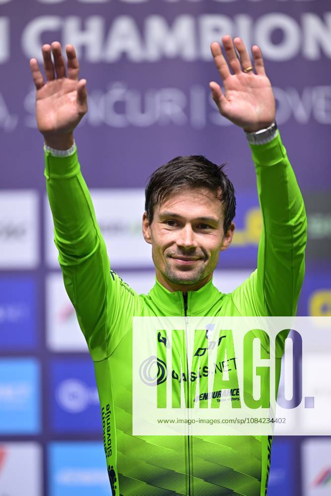 Slovenia s Primoz Roglic celebrates on the podium after winning the Men Elite Individual Time Trial race (22km) at the cycling UEC Road European Championships, in Ljubljana, Slovenia, on Wednesday 7 October 2026. The UEC Road European Championships are taking place from 02 to 07 October in Ljubljana, Slovenia. DAVIDxPINTENS x189071285x