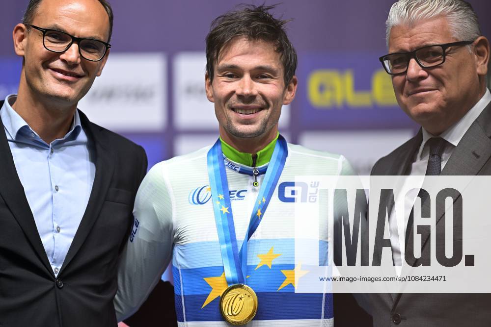 Slovenia s Primoz Roglic celebrates on the podium after winning the Men Elite Individual Time Trial race (22km) at the cycling UEC Road European Championships, in Ljubljana, Slovenia, on Wednesday 7 October 2026. The UEC Road European Championships are taking place from 02 to 07 October in Ljubljana, Slovenia. DAVIDxPINTENS x189071265x