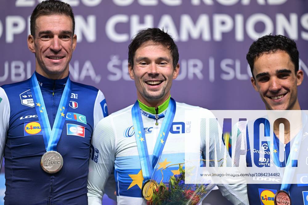 France s Bruno Armirail; Slovenia s Primoz Roglic and France s Maxime Decomble celebrate on the podium of the Men Elite Individual Time Trial race (22km) at the cycling UEC Road European Championships, in Ljubljana, Slovenia, on Wednesday 7 October 2026. The UEC Road European Championships are taking place from 02 to 07 October in Ljubljana, Slovenia. DAVIDxPINTENS x189071360x