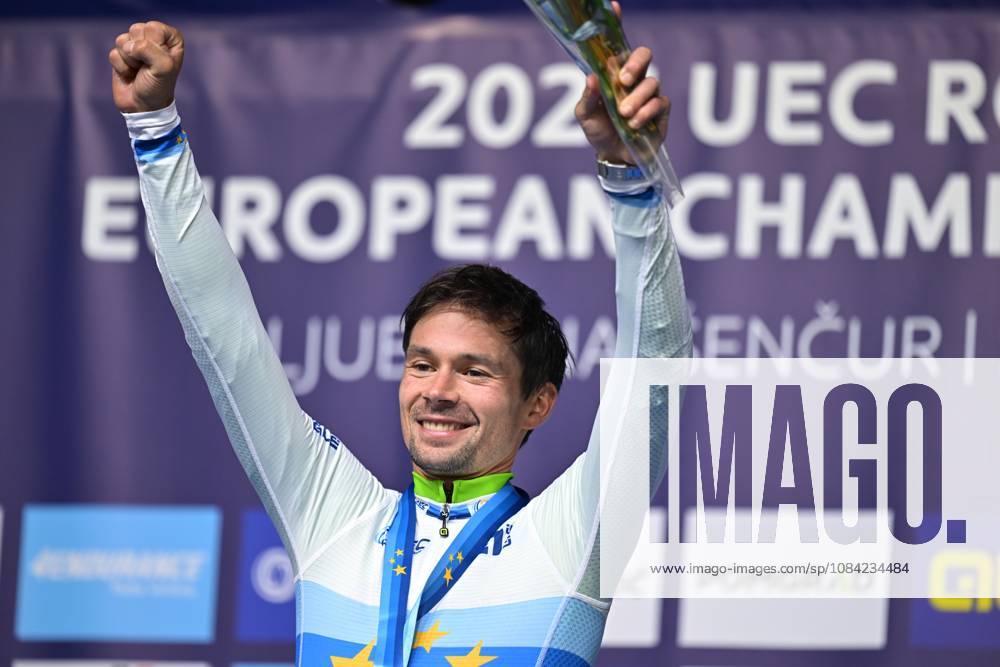 Slovenia s Primoz Roglic celebrates on the podium after winning the Men Elite Individual Time Trial race (22km) at the cycling UEC Road European Championships, in Ljubljana, Slovenia, on Wednesday 7 October 2026. The UEC Road European Championships are taking place from 02 to 07 October in Ljubljana, Slovenia. DAVIDxPINTENS x189071522x