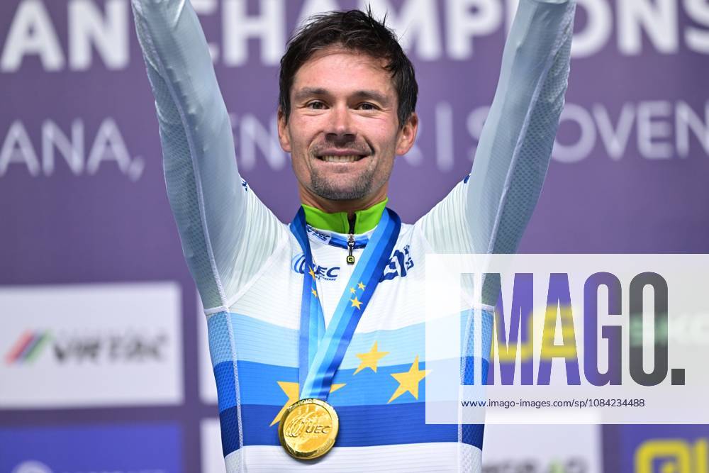 Slovenia s Primoz Roglic celebrates on the podium after winning the Men Elite Individual Time Trial race (22km) at the cycling UEC Road European Championships, in Ljubljana, Slovenia, on Wednesday 7 October 2026. The UEC Road European Championships are taking place from 02 to 07 October in Ljubljana, Slovenia. DAVIDxPINTENS x189071249x