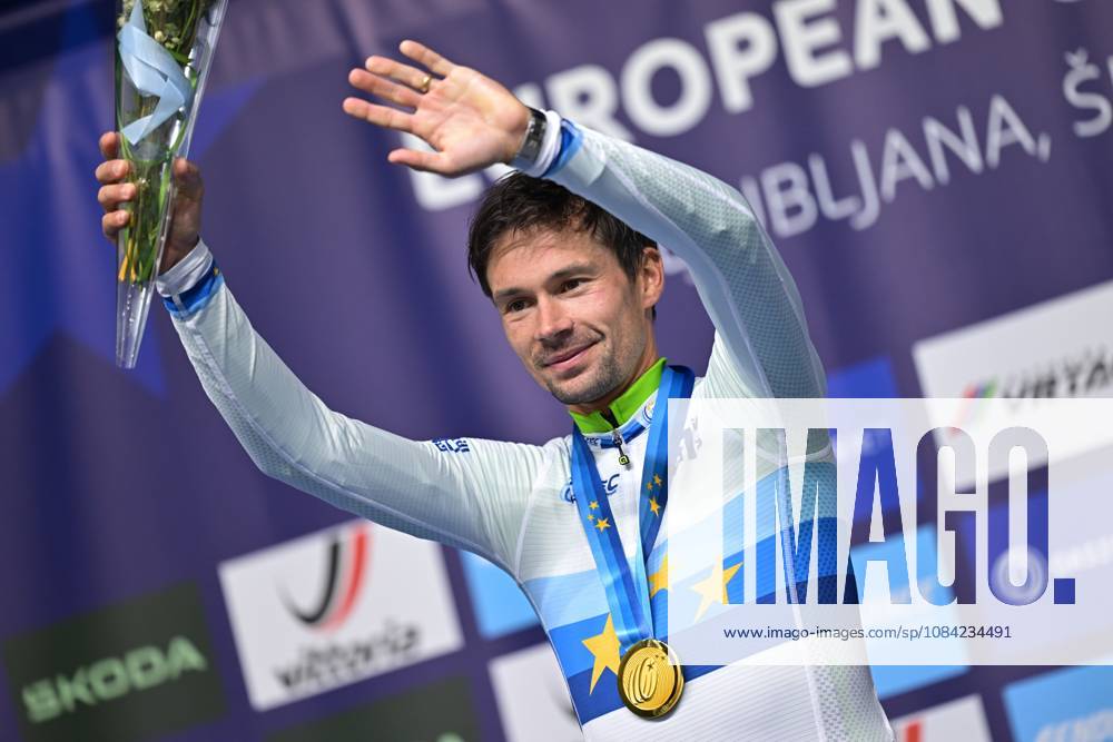 Slovenia s Primoz Roglic celebrates on the podium after winning the Men Elite Individual Time Trial race (22km) at the cycling UEC Road European Championships, in Ljubljana, Slovenia, on Wednesday 7 October 2026. The UEC Road European Championships are taking place from 02 to 07 October in Ljubljana, Slovenia. DAVIDxPINTENS x189071504x