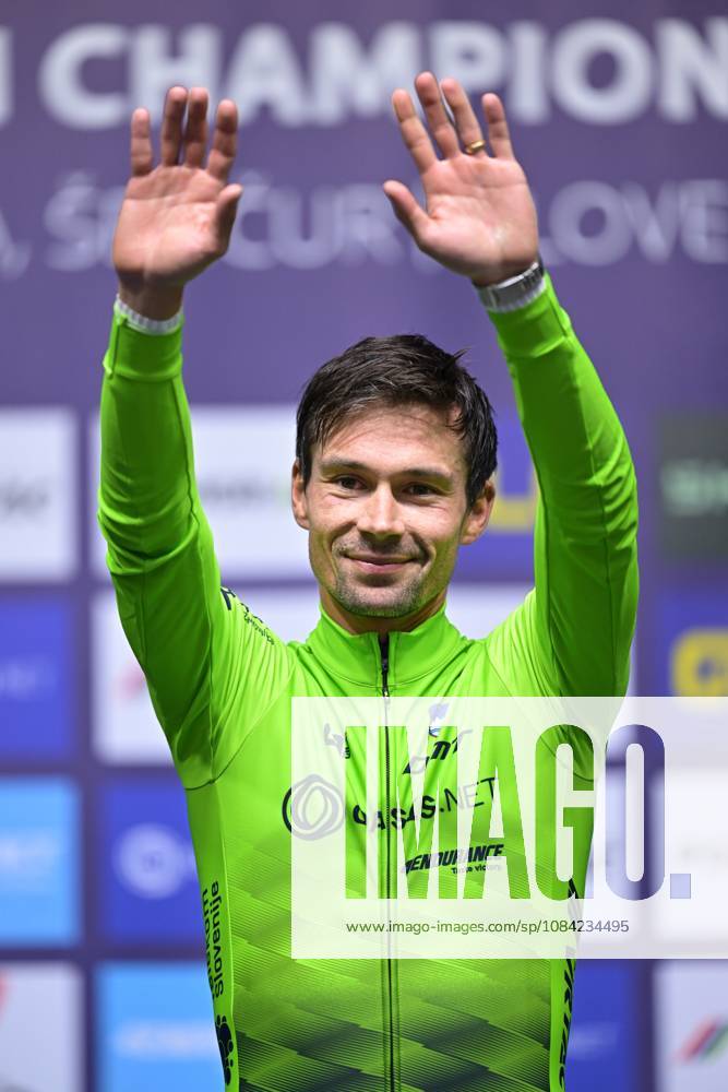 Slovenia s Primoz Roglic celebrates on the podium after winning the Men Elite Individual Time Trial race (22km) at the cycling UEC Road European Championships, in Ljubljana, Slovenia, on Wednesday 7 October 2026. The UEC Road European Championships are taking place from 02 to 07 October in Ljubljana, Slovenia. DAVIDxPINTENS x189071681x
