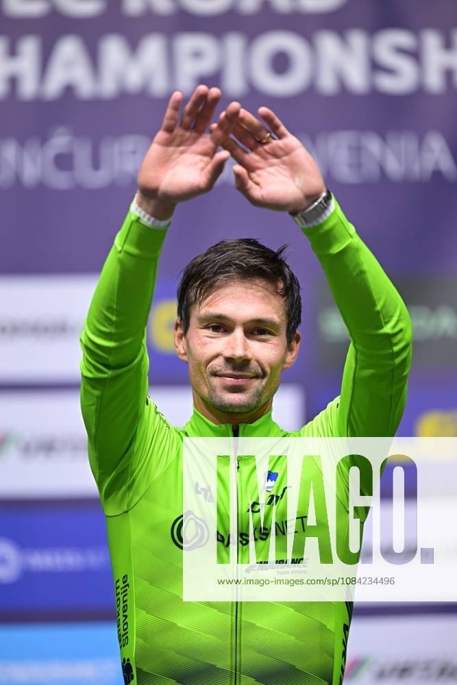 Slovenia s Primoz Roglic celebrates on the podium after winning the Men Elite Individual Time Trial race (22km) at the cycling UEC Road European Championships, in Ljubljana, Slovenia, on Wednesday 7 October 2026. The UEC Road European Championships are taking place from 02 to 07 October in Ljubljana, Slovenia. DAVIDxPINTENS x189071710x