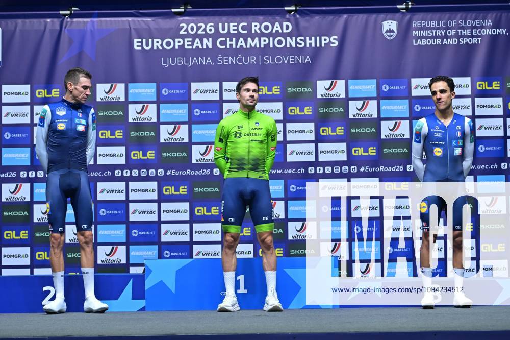 France s Bruno Armirail; Slovenia s Primoz Roglic and France s Maxime Decomble celebrate on the podium of the Men Elite Individual Time Trial race (22km) at the cycling UEC Road European Championships, in Ljubljana, Slovenia, on Wednesday 7 October 2026. The UEC Road European Championships are taking place from 02 to 07 October in Ljubljana, Slovenia. DAVIDxPINTENS x189072330x