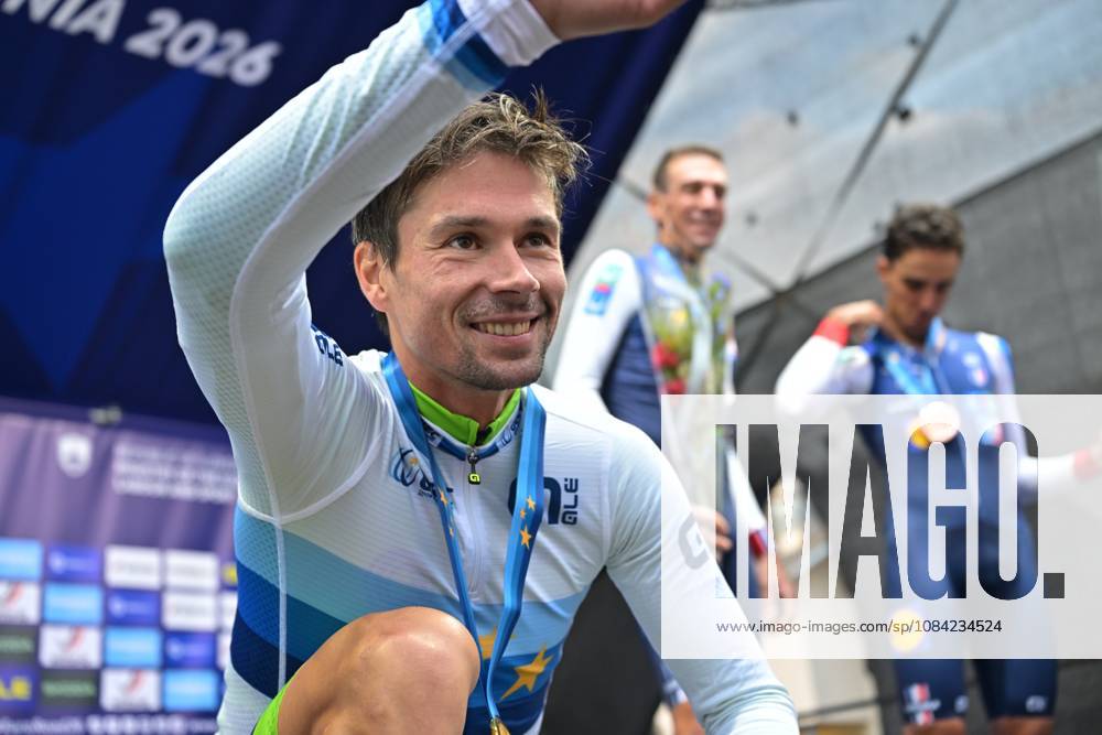 Slovenia s Primoz Roglic celebrates on the podium after winning the Men Elite Individual Time Trial race (22km) at the cycling UEC Road European Championships, in Ljubljana, Slovenia, on Wednesday 7 October 2026. The UEC Road European Championships are taking place from 02 to 07 October in Ljubljana, Slovenia. DAVIDxPINTENS x189074702x