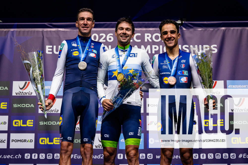 ARMIRAIL Bruno, ROGLIÄa Primož - ROGLIC Primoz, DECOMBLE Maxime: UEC Road cycling, Rad, Radsport, Strasse European Championships - Ljubljana 2026 ARMIRAIL Bruno ( FRA ) - France - Second Place - ROGLIÄa Primož - ROGLIC Primoz ( SLO ) Slovenia Winner - First Place DECOMBLE Maxime ( FRA ) - France - Third Place - Award Ceremony Medal Ceremony Podium - Querformat - quer - horizontal - Landscape - Event Veranstaltung: UEC Road Cycling European Championships 2026 Ljubljana - Category Kategorie: Cycling - Road Cycling European Championships - Individual Time Trail Elite Men - Location Ort: Europe Slovenia - Sencur - Å enÄur - Discipline: Individual Time Trail ( ITT ) - Distance: 22 km - Date Datum: 07.10.2026 Wednesday Day 5 -