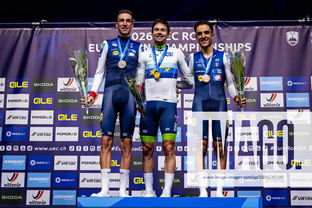 ARMIRAIL Bruno, ROGLIÄa Primož - ROGLIC Primoz, DECOMBLE Maxime: UEC Road cycling, Rad, Radsport, Strasse European Championships - Ljubljana 2026 ARMIRAIL Bruno ( FRA ) - France - Second Place - ROGLIÄa Primož - ROGLIC Primoz ( SLO ) Slovenia Winner - First Place DECOMBLE Maxime ( FRA ) - France - Third Place - Award Ceremony Medal Ceremony Podium - Querformat - quer - horizontal - Landscape - Event Veranstaltung: UEC Road Cycling European Championships 2026 Ljubljana - Category Kategorie: Cycling - Road Cycling European Championships - Individual Time Trail Elite Men - Location Ort: Europe Slovenia - Sencur - Å enÄur - Discipline: Individual Time Trail ( ITT ) - Distance: 22 km - Date Datum: 07.10.2026 Wednesday Day 5 -