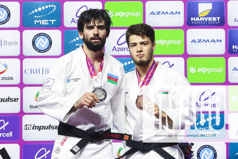 AZERBAIJAN, BAKU - OCTOBER 7, 2026: 2nd placed Zelim Tckaev of Azerbaijan and 3rd placed Omar Radzhabli of Azerbaijan pose during an award ceremony for the men s -81 kg category during the 2026 World Judo Championships at the National Gymnastics Arena. Mikhail Sinitsyn TASS 98918409