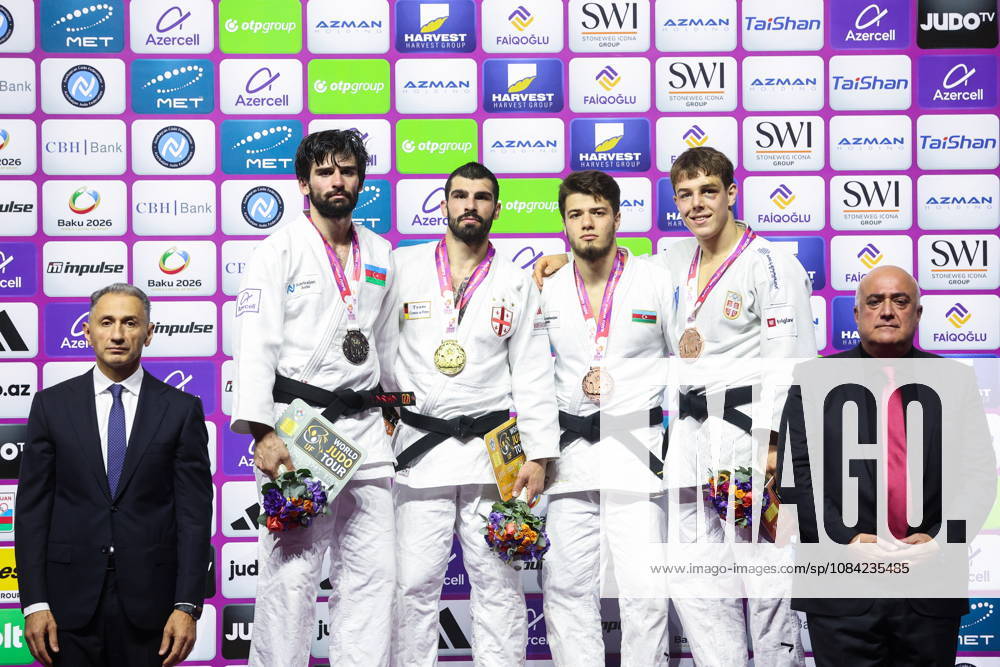 AZERBAIJAN, BAKU - OCTOBER 7, 2026: 2nd placed Zelim Tckaev of Azerbaijan, 1st placed Tato Grigalashvili of Georgia, 3rd placed Omar Radzhabli of Azerbaijan and Mihajlo Simin (L-R back) of Serbia pose during an award ceremony for the men s -81 kg category during the 2026 World Judo Championships at the National Gymnastics Arena. Mikhail Sinitsyn TASS 98918403