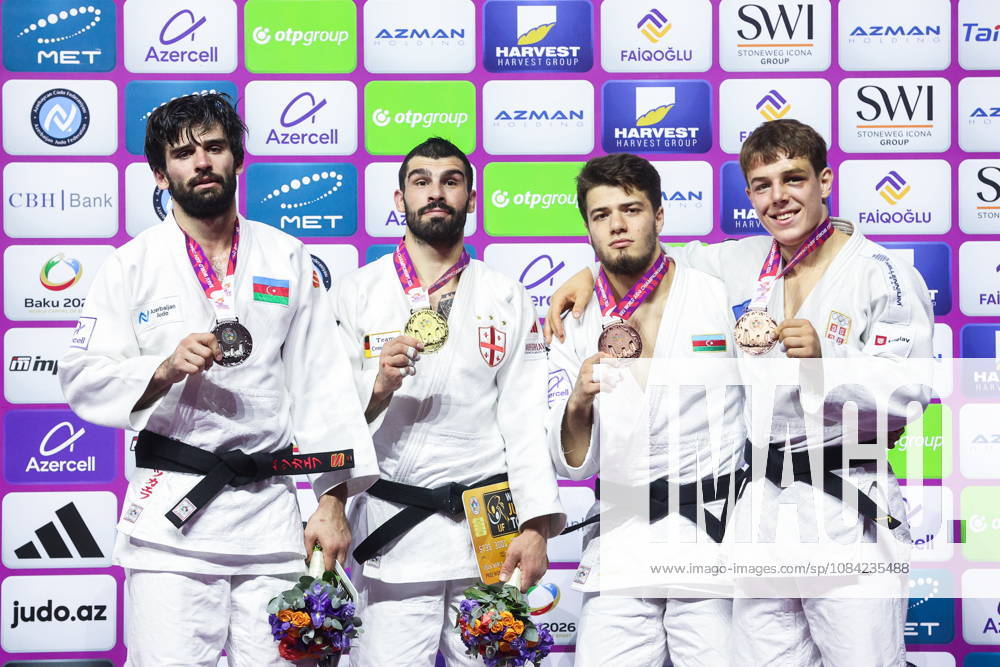 AZERBAIJAN, BAKU - OCTOBER 7, 2026: 2nd placed Zelim Tckaev of Azerbaijan, 1st placed Tato Grigalashvili of Georgia, 3rd placed Omar Radzhabli of Azerbaijan and Mihajlo Simin (L-R) of Serbia pose during an award ceremony for the men s -81 kg category during the 2026 World Judo Championships at the National Gymnastics Arena. Mikhail Sinitsyn TASS 98918406
