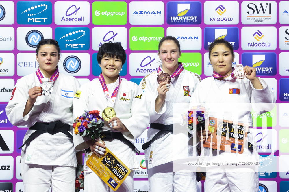 AZERBAIJAN, BAKU - OCTOBER 7, 2026: 2nd placed Kerem Primo of Israel, 1st placed Haruka Kaju of Japan, 3rd placed Renata Zachova of the Czech Republic, and 3rd placed Lkhagvatogoogiin Enkhriilen (L-R) of Mongolia attend an award ceremony for the women s -63 kg category during the 2026 World Judo Championships at the National Gymnastics Arena 2026 World Judo Championships In Baku - ZUMAt113 20261007_zaa_t113_536