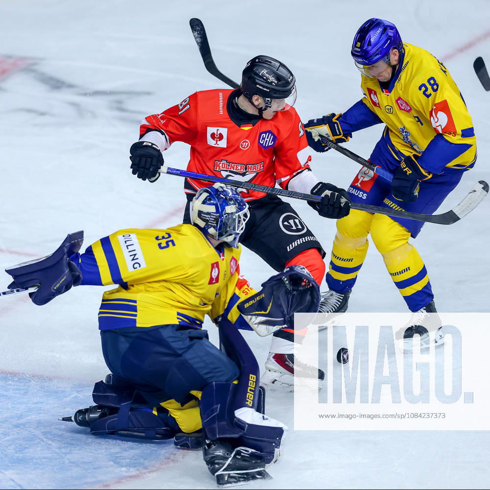 Eishockey, CHL, Kölner Haie - Blue Fox Herning, Champions Hockey League 2026 27, 5. Spieltag, Saison 2026 27, Lanxess-Arena Köln: Mateu Späth (Koelner Haie 81) im Zweikampf gegen Janis Fecers (Blue Fox Herning 35) Emil Lojborg Kristensen (Blue Fox Herning 28) Nordrhein-Westfalen Deutschland
