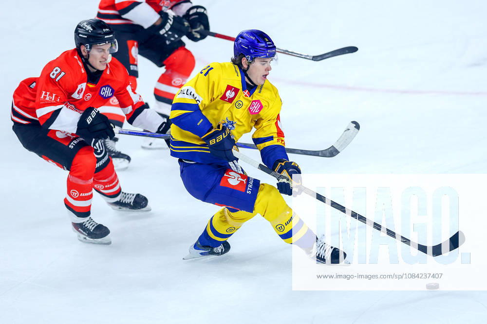 Eishockey, CHL, Kölner Haie - Blue Fox Herning, Champions Hockey League 2026 27, 5. Spieltag, Saison 2026 27, Lanxess-Arena Köln: Mateu Späth (Koelner Haie 81) im Zweikampf gegen Hjalte Kruse Thomsen (Blue Fox Herning 21) Nordrhein-Westfalen Deutschland