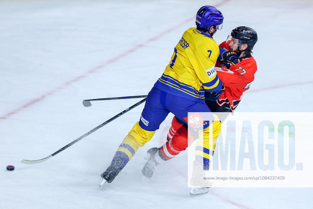 Eishockey, CHL, Kölner Haie - Blue Fox Herning, Champions Hockey League 2026 27, 5. Spieltag, Saison 2026 27, Lanxess-Arena Köln: John Terrance Amorosa (Blue Fox Herning 07) im Zweikampf gegen Ryan MacInnis (Koelner Haie 77) Nordrhein-Westfalen Deutschland