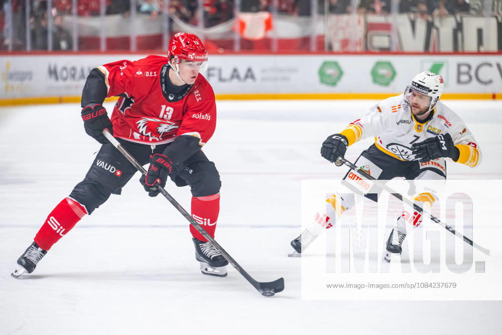 NL: Lausanne HC - HC Lugano 07.10.2026, Lausanne, Vaudoise Arena, NL: Lausanne HC - HC Lugano. Basile Sansonnens (13, Lausanne HC) and Ramon Tanner (7, HC Lugano) during the 2026-2027 Swiss National League Ice hockey, Eishockey game between Lausanne HC and HC Lugano the Wednesday 07.10.2026 at the Vaudoise Arena in Lausanne, Switzerland. Lausanne Vaudoise Arena Vaud Switzerland