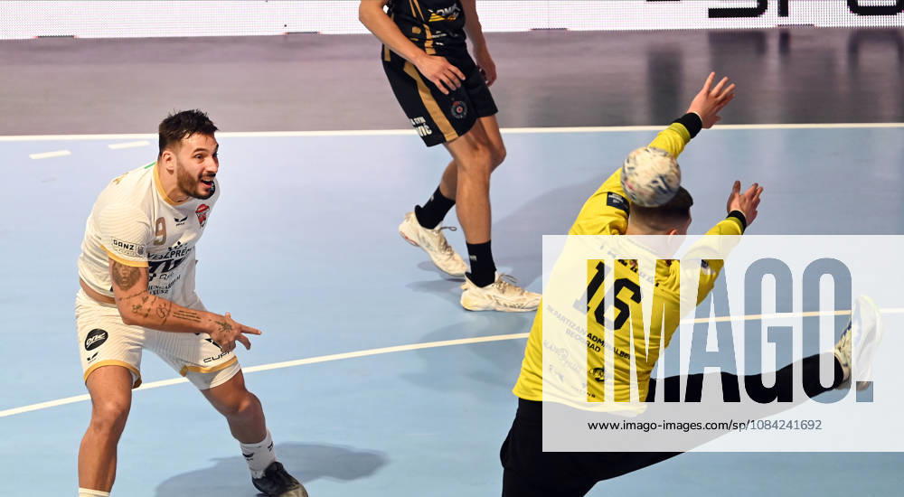 PARTIZAN vs VESZPREM HUGO DESCAT, handball player of Veszprem, during the EHF Champions League against Partizan Belgrade, at Aleksandar Nikolic Hall. Belgrade, 07.10.2026. photo: Nebojsa Parausic MN Press HANDBALL, EHF CHAMPIONS LEAGUE, VESZPREM, PARTIZAN Belgrade Aleksandar Nikolic Hall Serbia