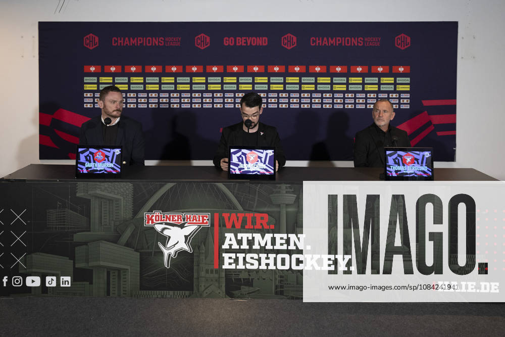 CHL; Kölner Haie - Herning Blue Fox; Köln, 07.10.2026 Garth Murrax (Herning Blue Fox, Head Coach); Jason Schade; Thomas Berglund (Kölner Haie, Head Coach); CHL; Kölner Haie - Herning Blue Fox am 07.10.2026 in der Lanxessarena in Köln (Deutschland).