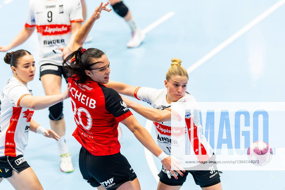 GER, Handball, Frauen, Saison 2026 2027, Alsco 1.Bl, 5.Spieltag, Thüringer HC - HSG Blomberg-Lippe Elin Rosa Magnusdottir (HSG Blomberg-Lippe), Jana Leonie Scheib (Thueringer HC,20), Alexia Hauf (HSG Blomberg-Lippe) 99947 Bad Langensalza Salza Halle Sporthalle Mehrz Thüringen Deutschland