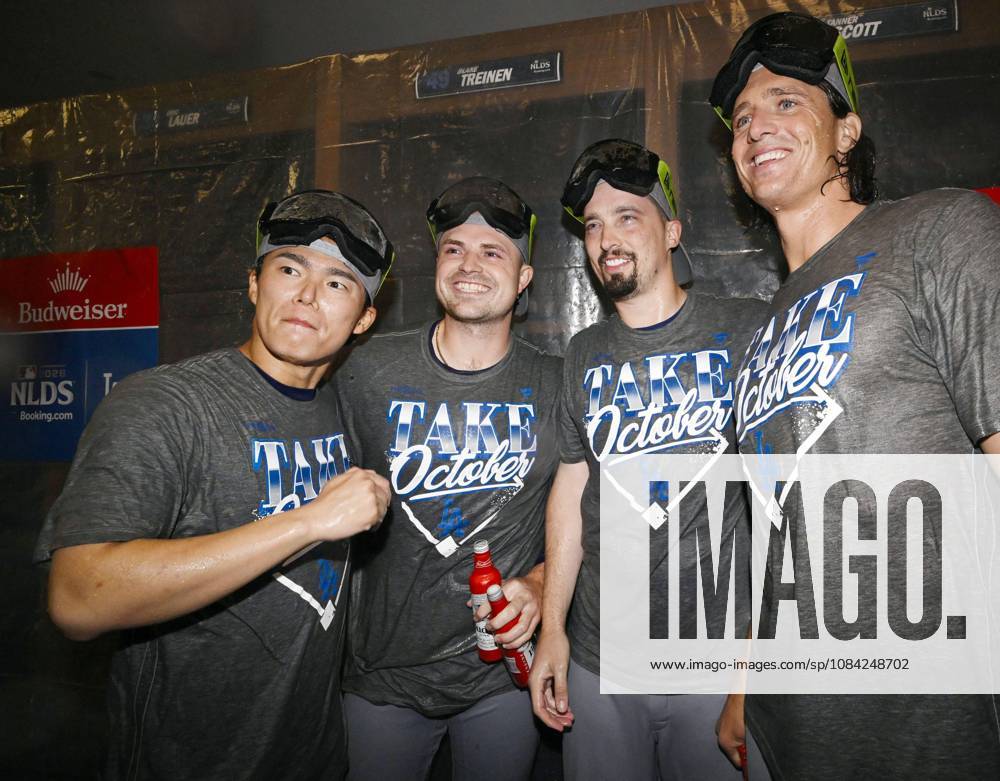 Baseball: Division Series between Dodgers and Braves (From L) Los Angeles Dodgers pitchers Yoshinobu Yamamoto, Tarik Skubal, Blake Snell and Tyler Glasnow pose for a photo during a celebration after the Dodgers beat the Atlanta Braves in Game 4 of the National League Division Series at Truist Park in Atlanta on Oct. 7, 2026, advancing to the National League Championship Series. A14AA0005630439P