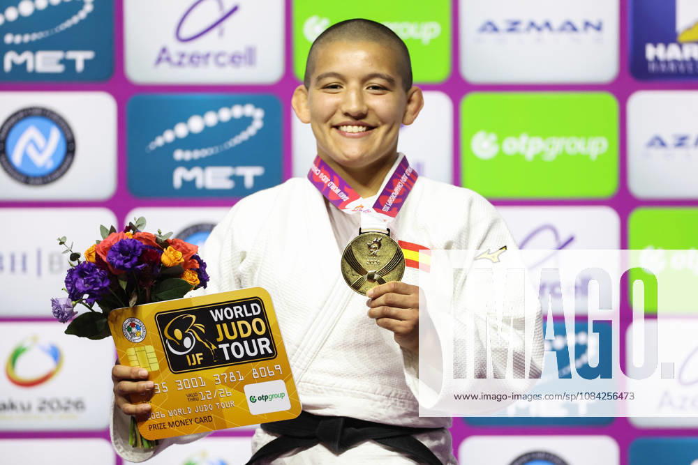 AZERBAIJAN, BAKU - OCTOBER 8, 2026: 1st placed Ai Tsunoda Roustant of Spain pose during an award ceremony for the women s -70 kg category during the 2026 World Judo Championships at the National Gymnastics Arena. Mikhail Sinitsyn TASS 98956123