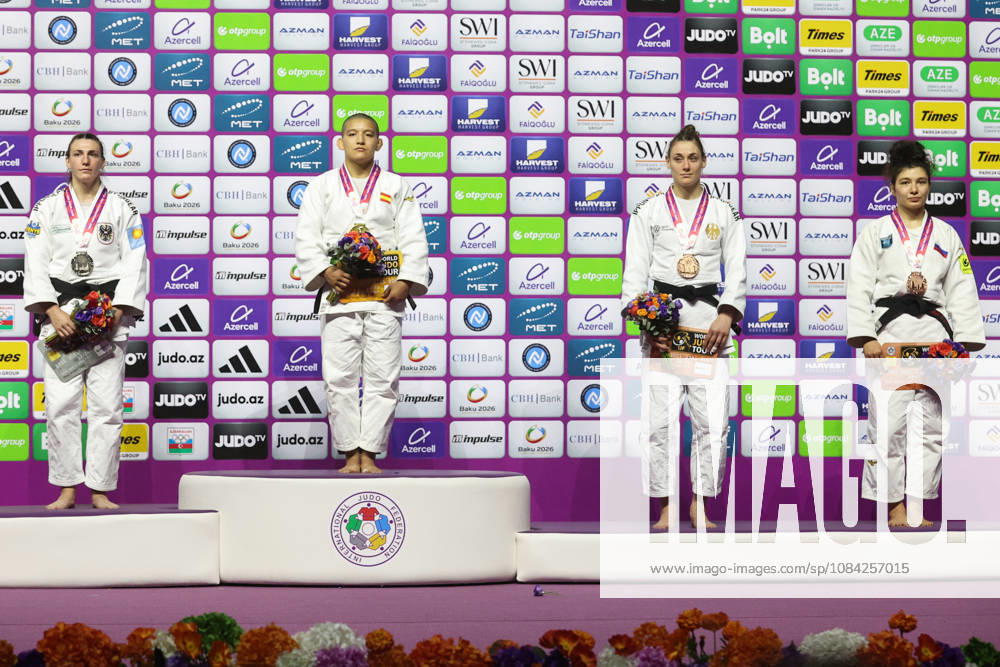 AZERBAIJAN, BAKU - OCTOBER 8, 2026: 2nd placed Giovanna Scoccimarro of Germany, 1st placed Ai Tsunoda Roustant of Spain, 3rd placed Michaela Polleres of Austria and Madina Taimazova (L-R) of Russia pose during an award ceremony for the women s -70 kg category during the 2026 World Judo Championships at the National Gymnastics Arena 2026 World Judo Championships In Baku - ZUMAt113 20261008_zaa_t113_527
