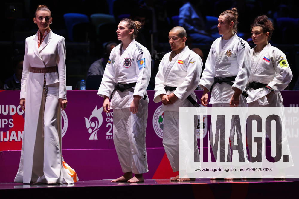 AZERBAIJAN, BAKU - OCTOBER 8, 2026: 2nd placed Giovanna Scoccimarro of Germany, 1st placed Ai Tsunoda Roustant of Spain, 3rd placed Michaela Polleres of Austria and Madina Taimazova of Russia are pictured during an award ceremony for the women s -70 kg category as part of the 2026 World Judo Championships at the National Gymnastics Arena 2026 World Judo Championships In Baku - ZUMAt113 20261008_zaa_t113_540