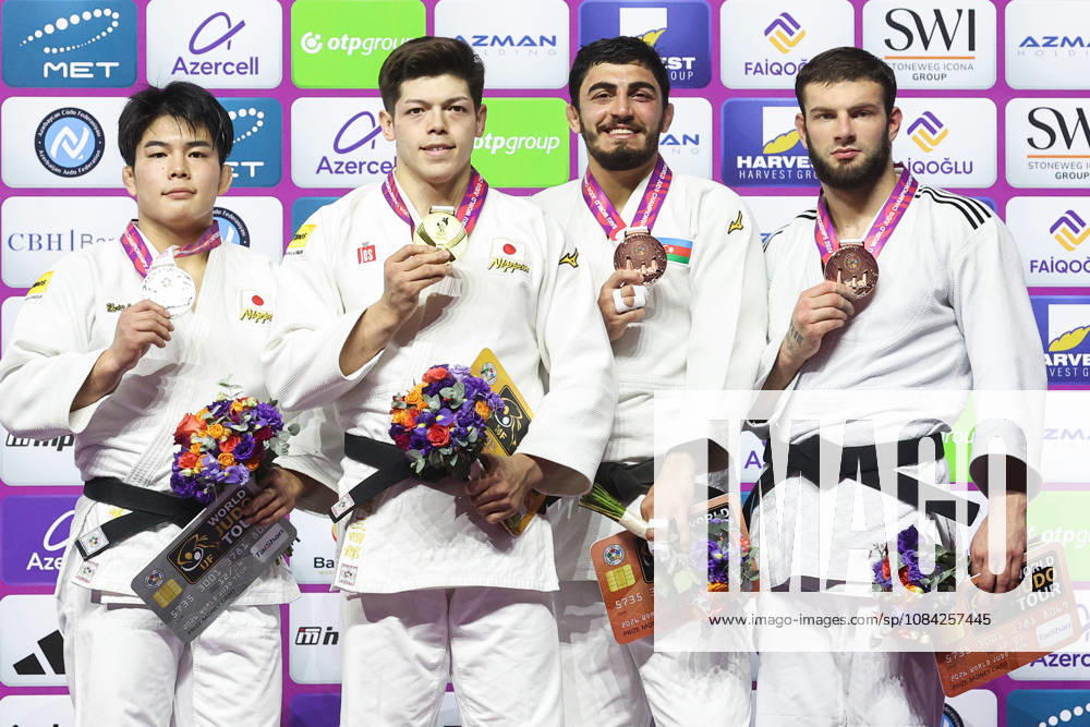 AZERBAIJAN, BAKU - OCTOBER 8, 2026: 2nd placed Goki Tajima of Japan, 1st placed Sanshiro Murao of Japan, 3rd placed Murad Fatiyev of Azerbaijan and Boris Rutovic (L-R) of Serbia pose during an award ceremony for the men s -90 kg category as part of the 2026 World Judo Championships at the National Gymnastics Arena 2026 World Judo Championships In Baku - ZUMAt113 20261008_zaa_t113_548