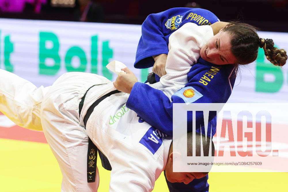 AZERBAIJAN, BAKU - OCTOBER 8, 2026: Michaela Polleres (top) of Austria and Ai Tsunoda Roustant of Spain compete in their -70 kg bout as part of the 2026 World Judo Championships at the National Gymnastics Arena. Mikhail Sinitsyn TASS 98957468