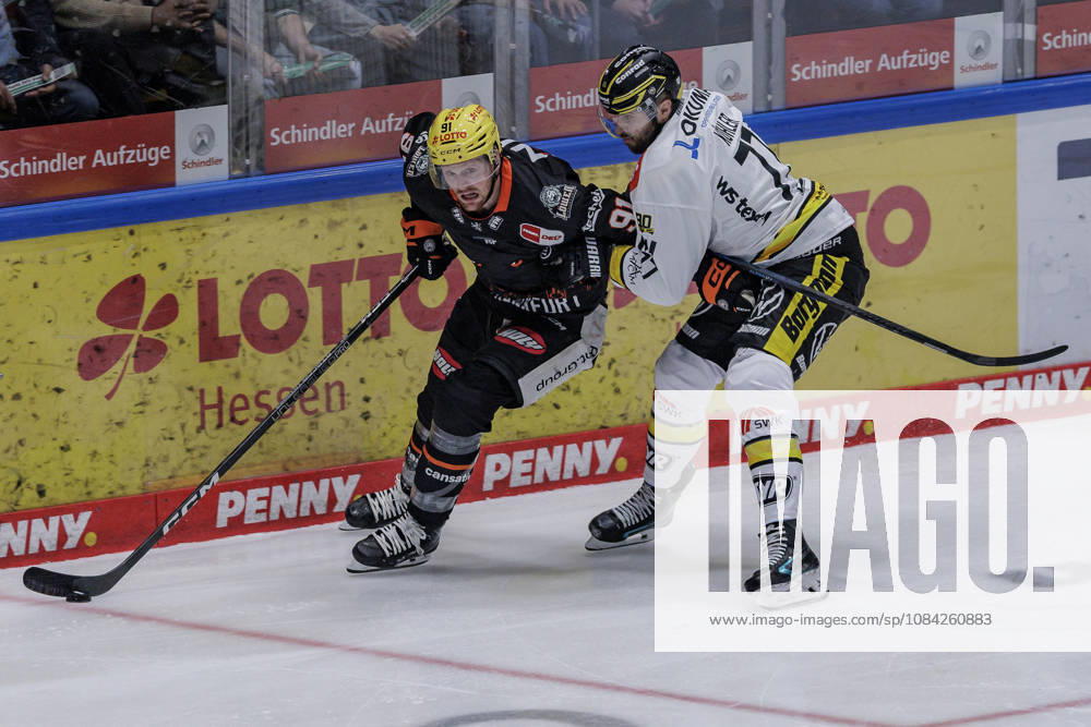 PEnny DEL: Löwen Frankfurt - Krefeld Pinguine, 08.10.2026 Austin Wagner (Löwen Frankfurt 91) und Mick Köhler (Krefeld Pinguine 77) kämpfen u mden Puck, Löwen Frankfurt - Krefeld Pinguine, Frankfurt, NIX Eissporthalle