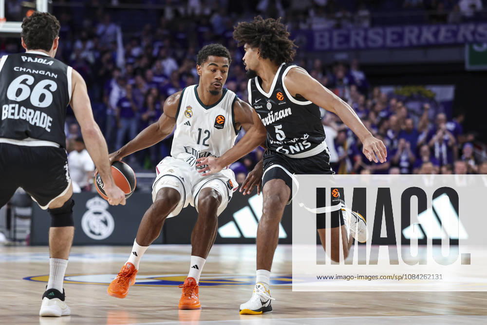 Theo Maledon of Real Madrid and Ethan Thompson of Partizan Mozzart Bet Belgrade in action during the Euroleague Basketball Regular Season Round 4 game between Real Madrid v Partizan Mozzart Bet Belgrade at Movistar Arena on October 08, 2026 in Madrid, Spain. Real Madrid V Partizan Mozzart Bet Belgrade - Euroleague 2025 2026 - ZUMAa181 20261008_zaa_a181_224