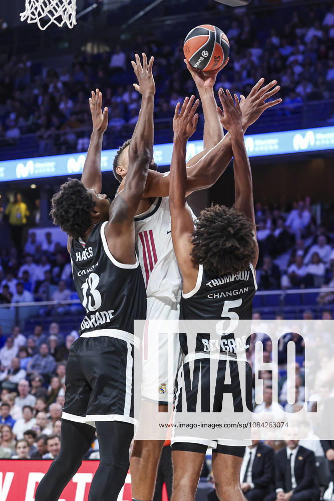 Kevarrius Hayes of Partizan Mozzart Bet Belgrade, Walter Samuel Tavares da Veiga of Real Madrid and Ethan Thompson of Partizan Mozzart Bet Belgrade in action during the Euroleague Basketball Regular Season Round 4 game between Real Madrid v Partizan Mozzart Bet Belgrade at Movistar Arena on October 08, 2026 in Madrid, Spain. Madrid Spain - ZUMAa181 20261008_zaa_a181_237