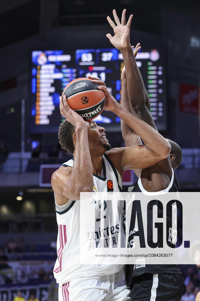 Walter Samuel Tavares da Veiga of Real Madrid and Bandja Sy of Partizan Mozzart Bet Belgrade in action during the Euroleague Basketball Regular Season Round 4 game between Real Madrid v Partizan Mozzart Bet Belgrade at Movistar Arena on October 08, 2026 in Madrid, Spain. Real Madrid V Partizan Mozzart Bet Belgrade - Euroleague 2025 2026 - ZUMAa181 20261008_zaa_a181_236