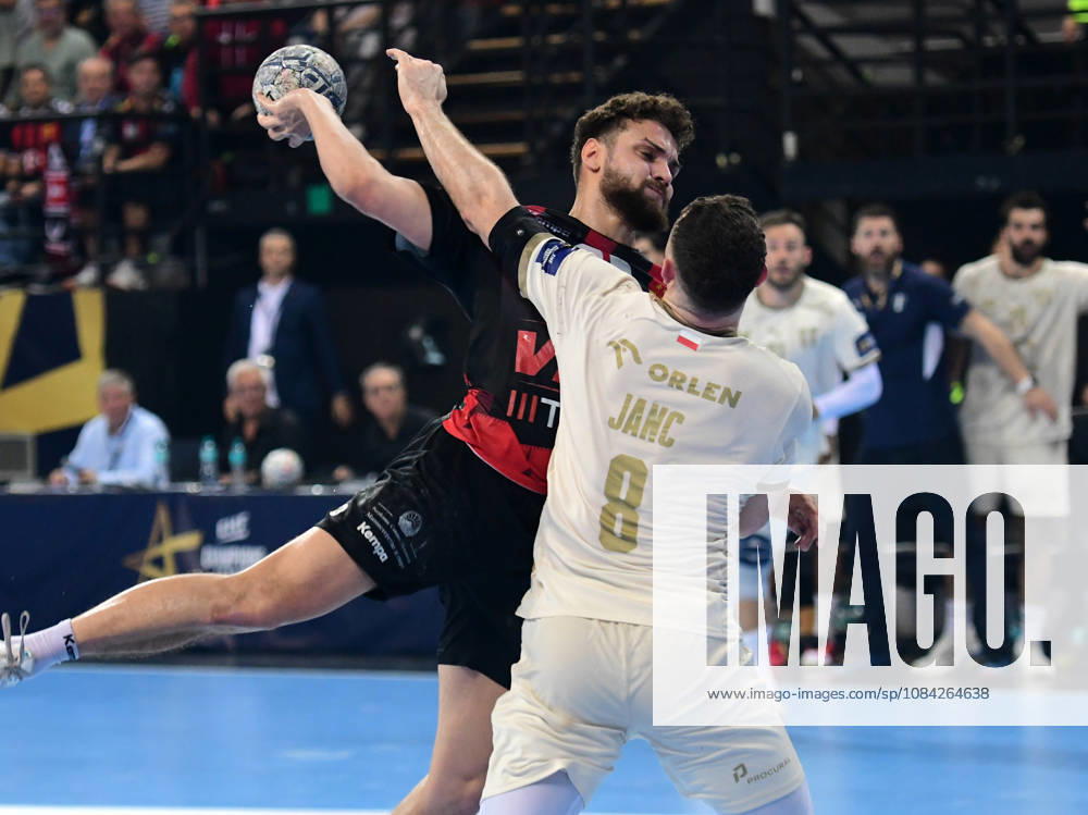 EHF CHAMPIONS LEAGUE. Matteo Fadhuile from HC Vardar and Blaz Janc from HC Orlen Wisla Plock during EHF Champiosn League group phase match between HC Vardar and HC Orlen