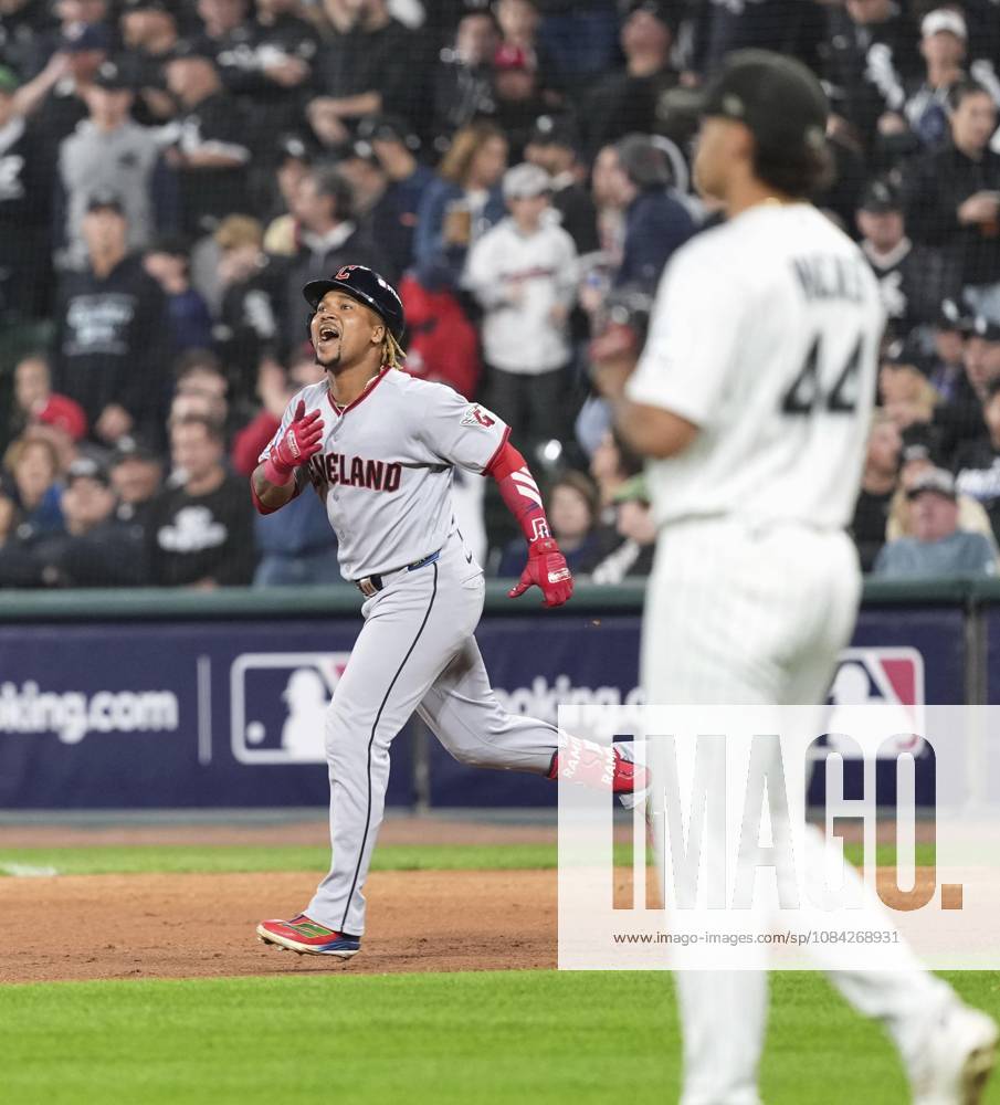 Baseball: Division Series between Guardians and White Sox Jose Ramirez (L) of the Cleveland Guardians celebrates after hitting a two-run home run as Chicago White Sox pitcher Hagen Smith (44) looks on in the fifth inning of Game 4 of the American League Division Series against the at Rate Field in Chicago on Oct. 8, 2026. A14AA0005630521P