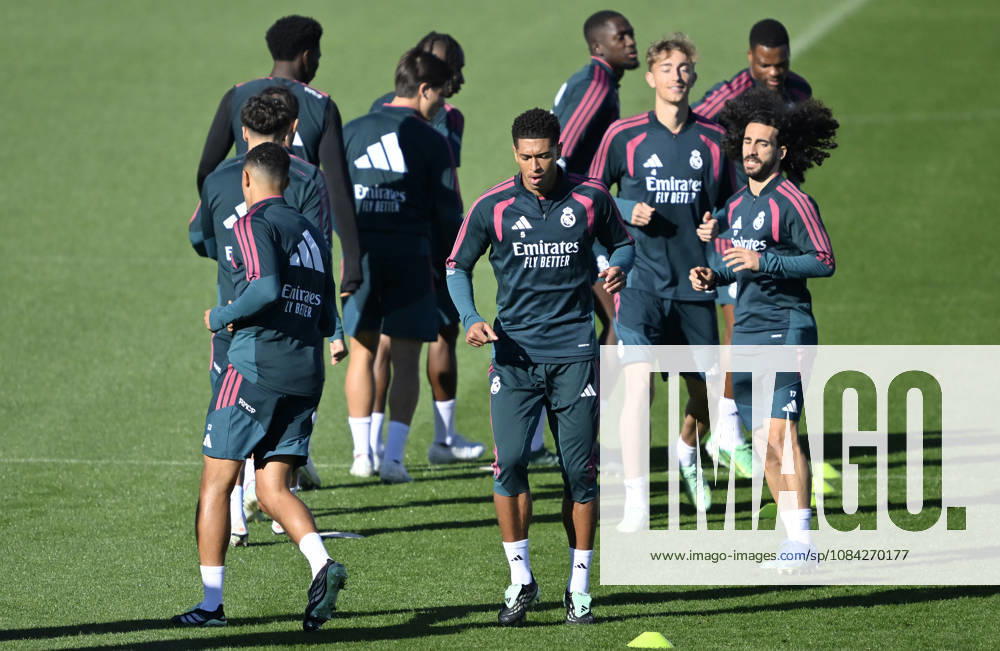 Training session of Real Madrid MADRID, SPAIN - OCTOBER 9: Real Madrid players Jude Bellingham (C) and Marc Cucurella (R) attend a training session at the club s Valdebebas training complex prior to their upcoming La Liga week 8 football match against Villarreal in Madrid, Spain on October 9, 2026. Burak Akbulut Anadolu Madrid Spain. Editorial use only. Please get in touch for any other usage.