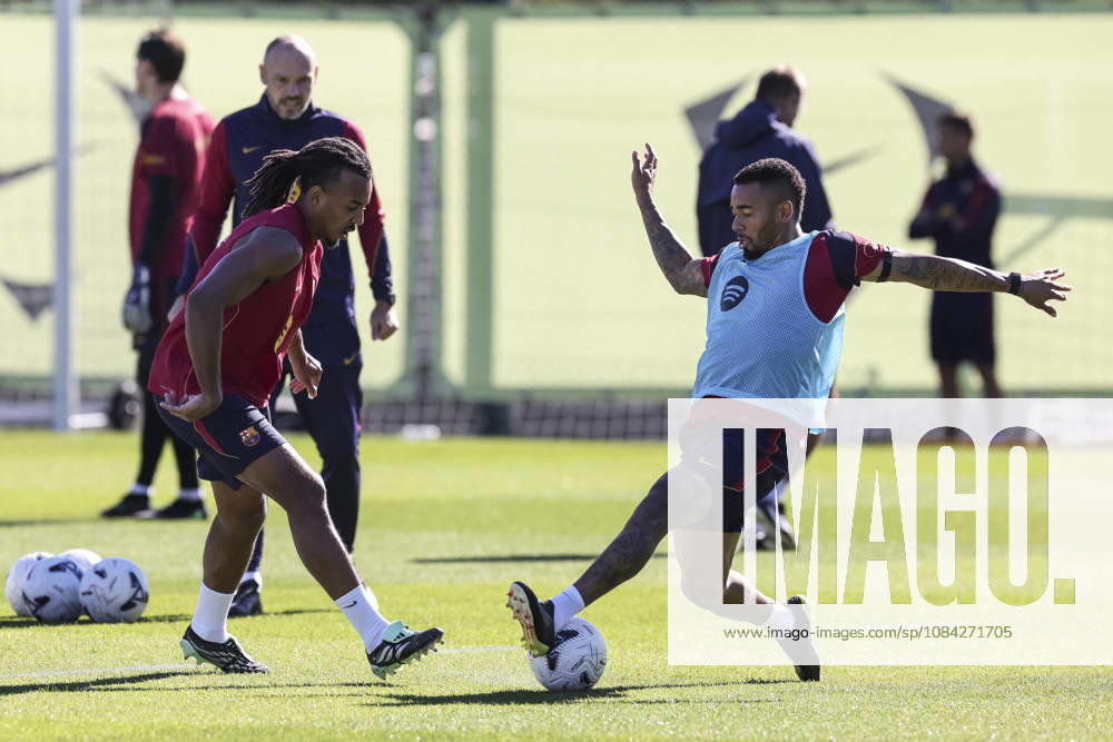 Jules Kounde and Gabriel Jesus during the training day of FC Barcelona, Barca ahead the Spanish League, Laliga EA Sports, football match against Getafe CF at Ciudad Esportiva Joan Gamper on October 09, 2026 in Sant Joan Despi, Barcelona, Spain. FC Barcelona Training And press conference, PK, Pressekonferenz - LaLiga EA Sports - ZUMAa181 20261009_zaa_a181_016