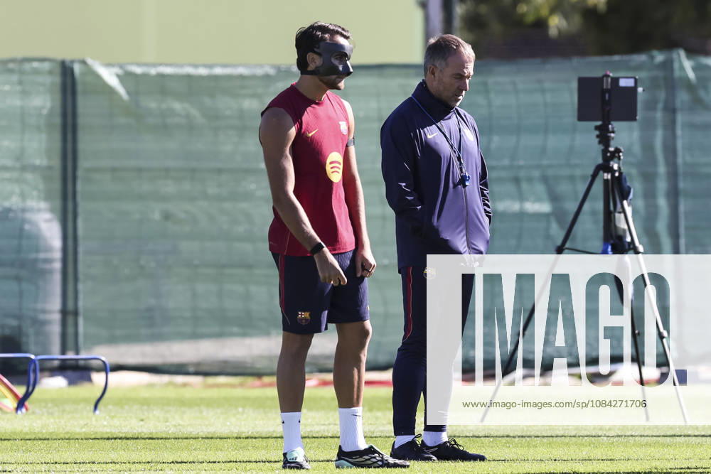 Eric Garcia and Hansi Flick, head coach during the training day of FC Barcelona, Barca ahead the Spanish League, Laliga EA Sports, football match against Getafe CF at Ciudad Esportiva Joan Gamper on October 09, 2026 in Sant Joan Despi, Barcelona, Spain. FC Barcelona Training And press conference, PK, Pressekonferenz - LaLiga EA Sports - ZUMAa181 20261009_zaa_a181_017