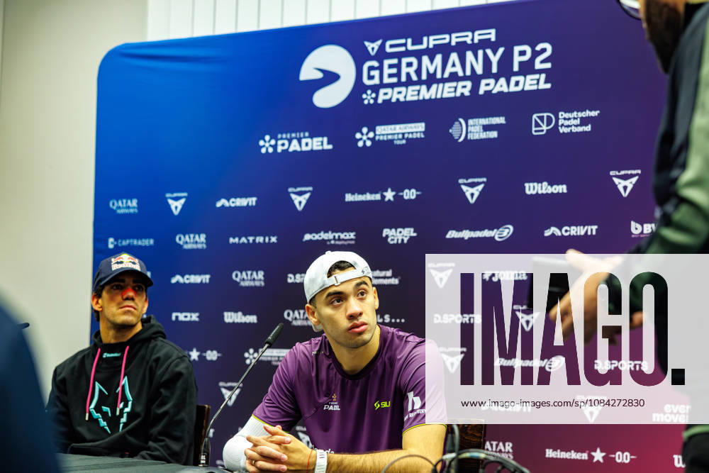 DÜSSELDORF, GERMANY - 9 OCTOBER 2026: Image shows press conference, PK, Pressekonferenz with Juan Lebron (ESP) and Leandro Roman Augsburger (ARG) during CUPRA Germany Premier Padel P2 2026 Day 6: Quarterfinals at CASTELLO Düsseldorf on 9 10 2026 in Düsseldorf, Germany. Germany
