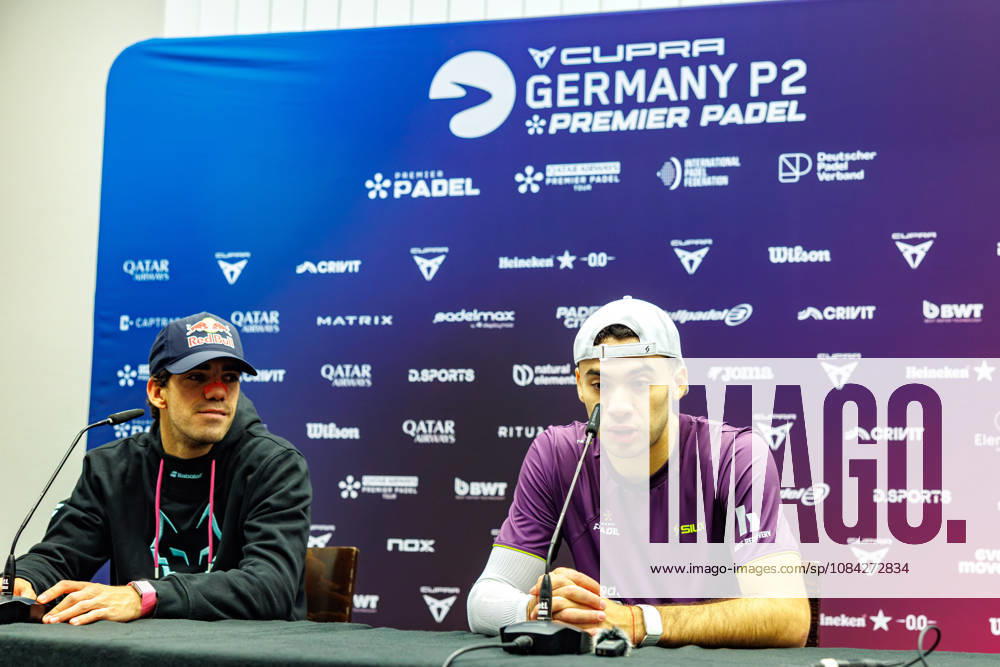 DÜSSELDORF, GERMANY - 9 OCTOBER 2026: Image shows press conference, PK, Pressekonferenz with Juan Lebron (ESP) and Leandro Roman Augsburger (ARG) during CUPRA Germany Premier Padel P2 2026 Day 6: Quarterfinals at CASTELLO Düsseldorf on 9 10 2026 in Düsseldorf, Germany. Germany