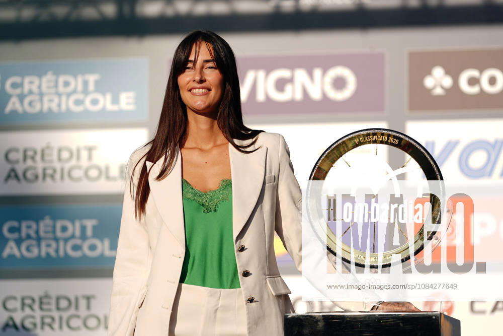 Miss with trophy during the team presentation on the eve of the 120th edition of Il Lombardia cycling race, in Bergamo on October 9, 2026, prior to the 239 km one-day race from Bergamo to Como, Italy.