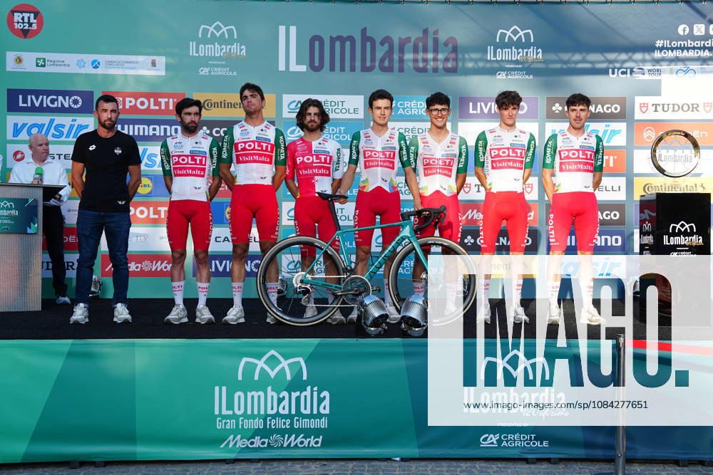 Team Polti VisitMalta during the team presentation on the eve of the 120th edition of Il Lombardia cycling race, in Bergamo on October 9, 2026, prior to the 239 km one-day race from Bergamo to Como, Italy.