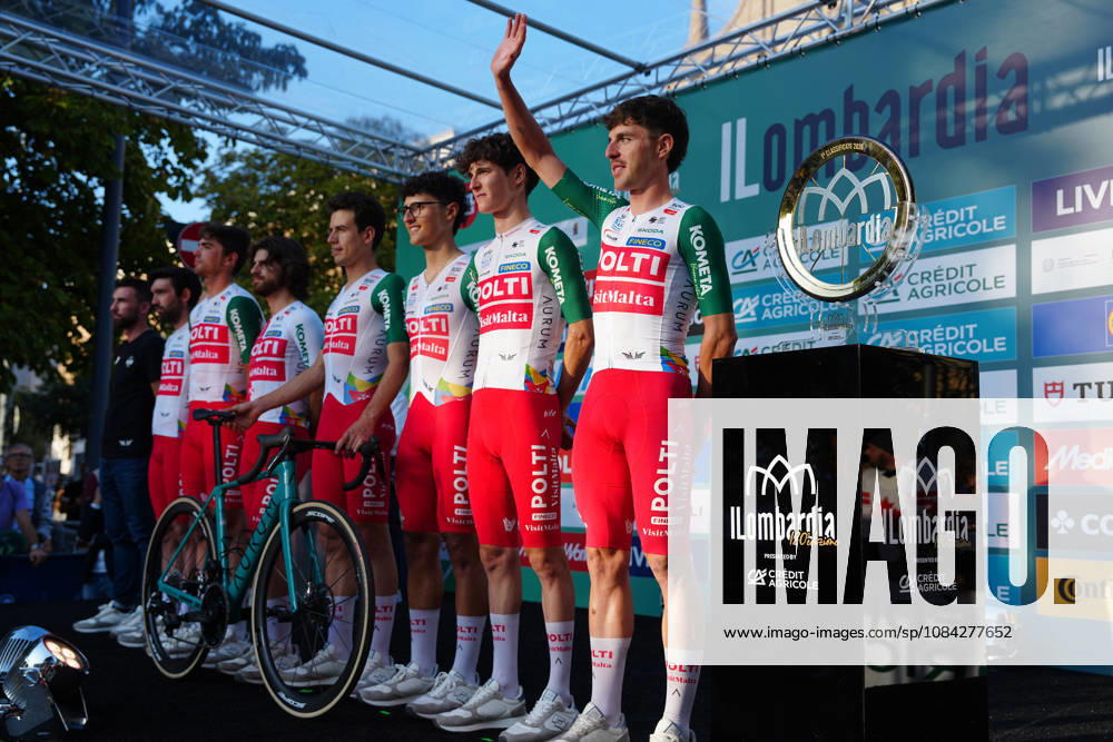 Team Polti VisitMalta during the team presentation on the eve of the 120th edition of Il Lombardia cycling race, in Bergamo on October 9, 2026, prior to the 239 km one-day race from Bergamo to Como, Italy.