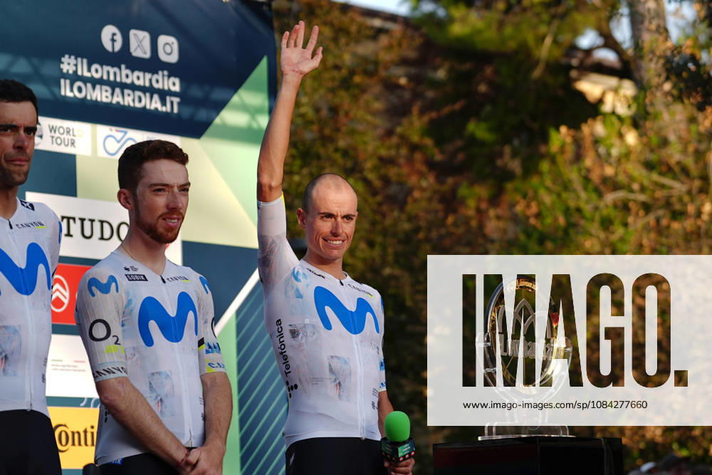 Spain s Enric Mas Nicolau of Movistar Team during the team presentation on the eve of the 120th edition of Il Lombardia cycling race, in Bergamo on October 9, 2026, prior to the 239 km one-day race from Bergamo to Como, Italy.