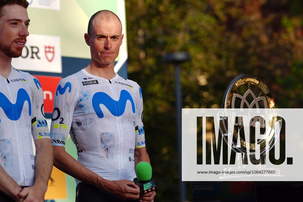 Spain s Enric Mas Nicolau of Movistar Team during the team presentation on the eve of the 120th edition of Il Lombardia cycling race, in Bergamo on October 9, 2026, prior to the 239 km one-day race from Bergamo to Como, Italy.