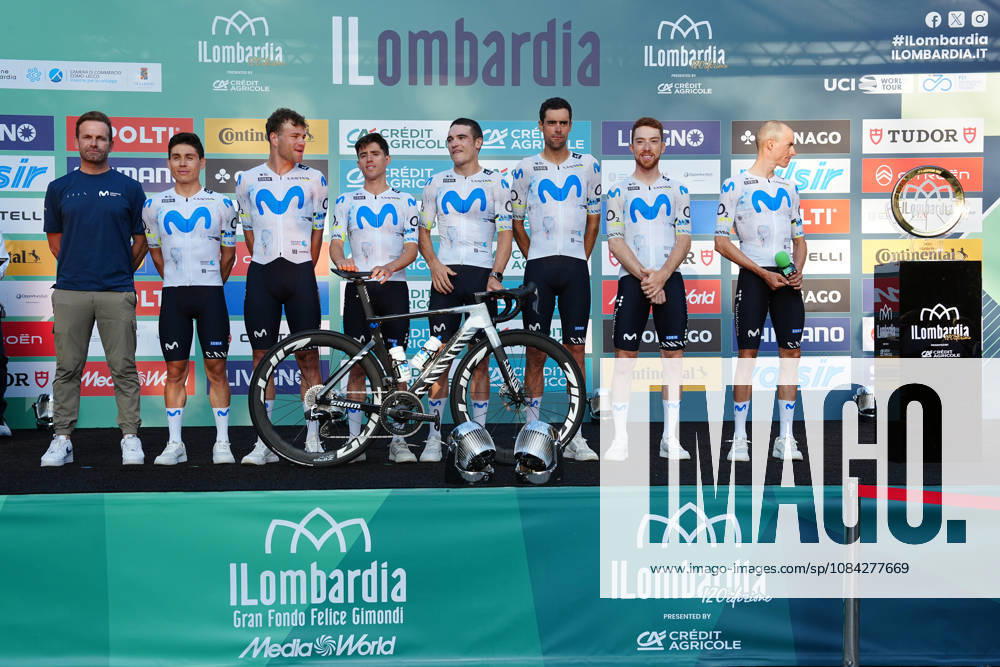 Movistar Team during the team presentation on the eve of the 120th edition of Il Lombardia cycling race, in Bergamo on October 9, 2026, prior to the 239 km one-day race from Bergamo to Como, Italy.