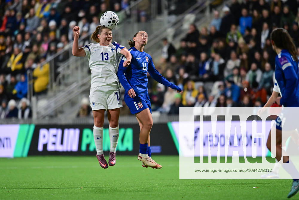 LKS 20261009 Lilli Halttunen of FInland (left) and Miljana Ivanovic of Serbia in action during the women s World Cup European Qualifying play-off round first leg football match between Finland and Serbia in Tampere, Finland, on October 9, 2026, ahead of the 2027 FIFA Women s World Cup. - ANSSI TAKALA Tampere Finland Q7IU