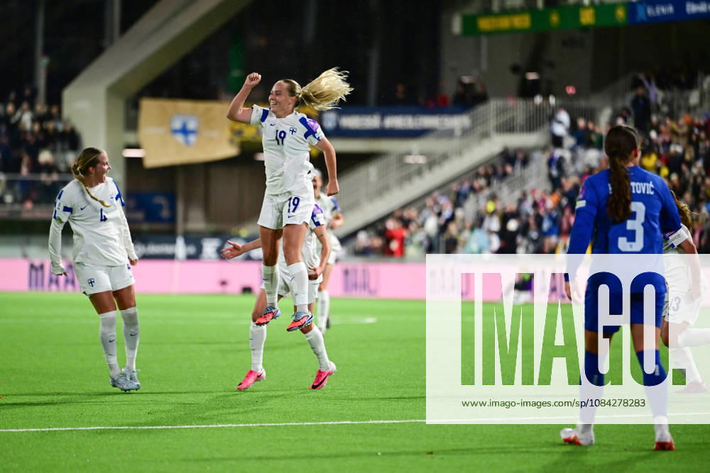 LKS 20261009 FInnish players Ria Öling (left) and Lotta Lindström celebrating 2-0 goal by Lindström during the women s World Cup European Qualifying play-off round first leg football match between Finland and Serbia in Tampere, Finland, on October 9, 2026, ahead of the 2027 FIFA Women s World Cup. - ANSSI TAKALA Tampere Finland Q6waRvc-OAA
