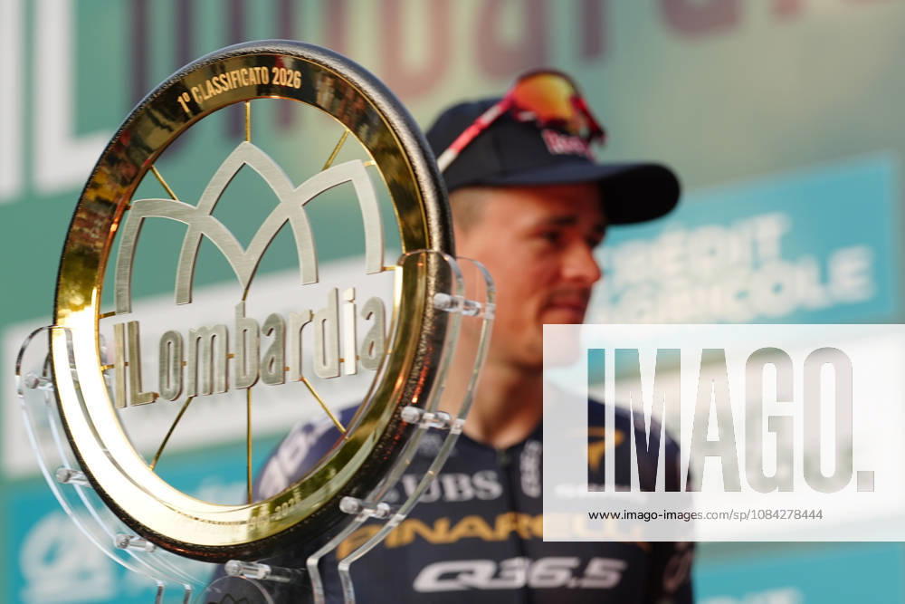 Pinarello-Q36.5 Pro Cycling Team during the team presentation on the eve of the 120th edition of Il Lombardia cycling race, in Bergamo on October 9, 2026, prior to the 239 km one-day race from Bergamo to Como, Italy.