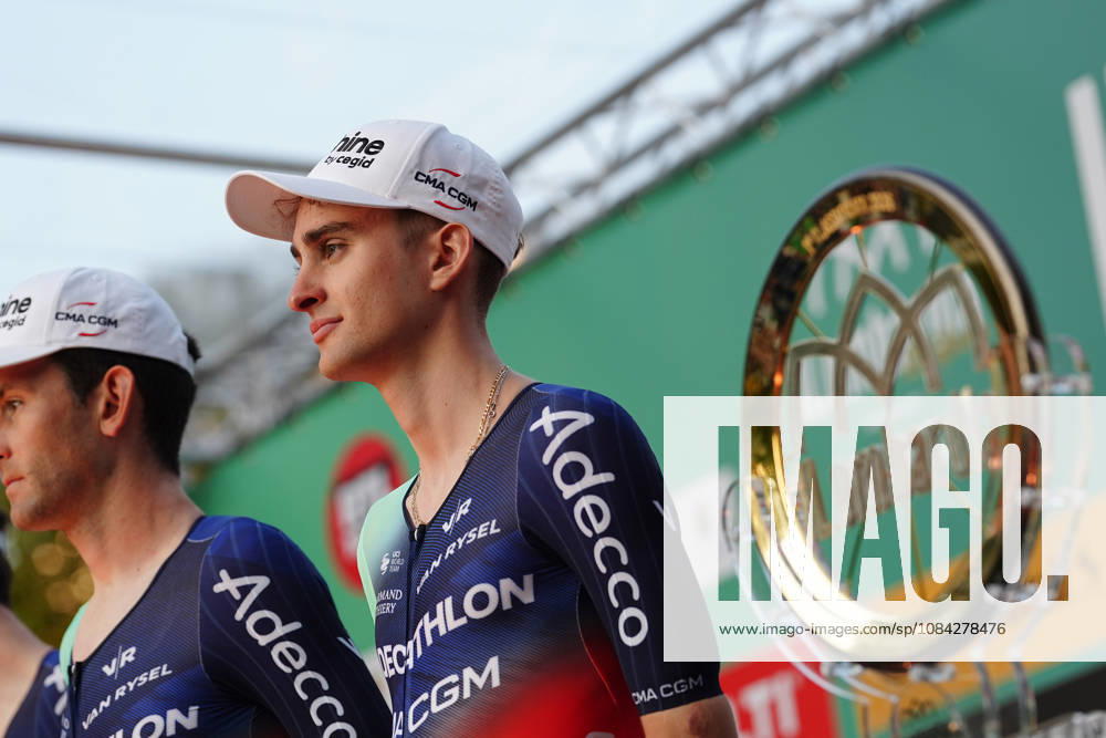France s Paul Seixas of Decathlon CMA CGM Team during the team presentation on the eve of the 120th edition of Il Lombardia cycling race, in Bergamo on October 9, 2026, prior to the 239 km one-day race from Bergamo to Como, Italy.